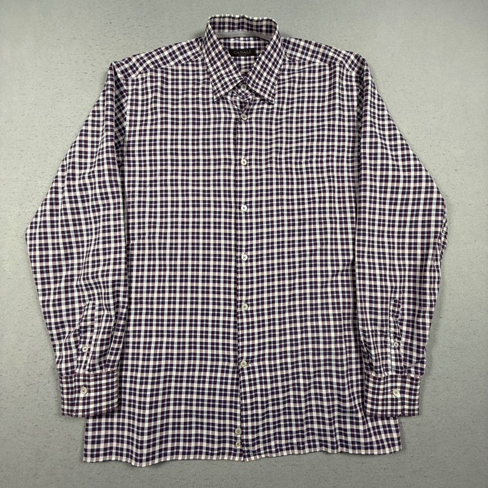 Canali Mens XL Purple Gingham Check Long Sleeve Cotton Button Down Shirt Italy